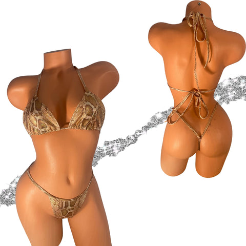 Metallic Tan Python print wide front thong bikini