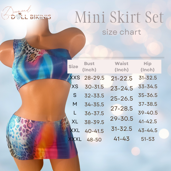 One Shoulder Silver on Rainbow Animal Print Micro Skirt Set