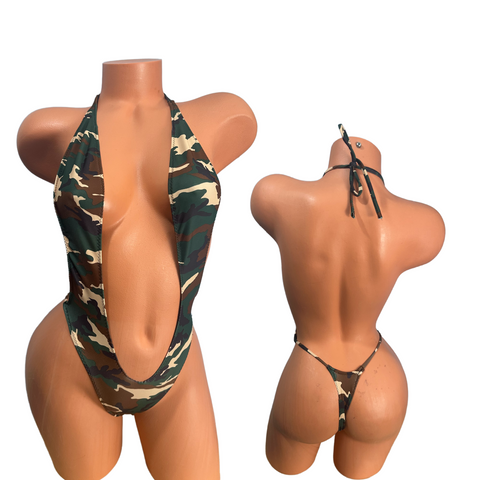 Army Green Camouflage Print One Piece thong slingshot bikini