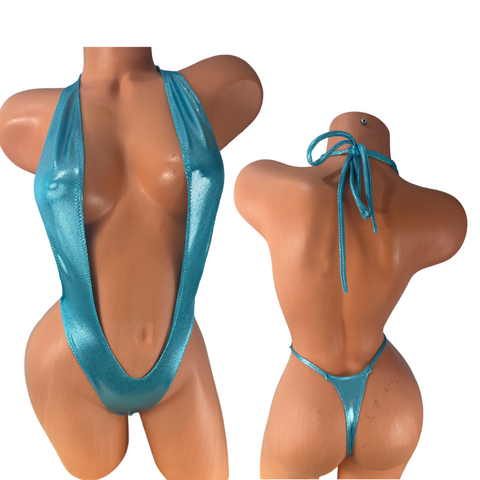 Silver on baby blue One Piece thong slingshot bikini