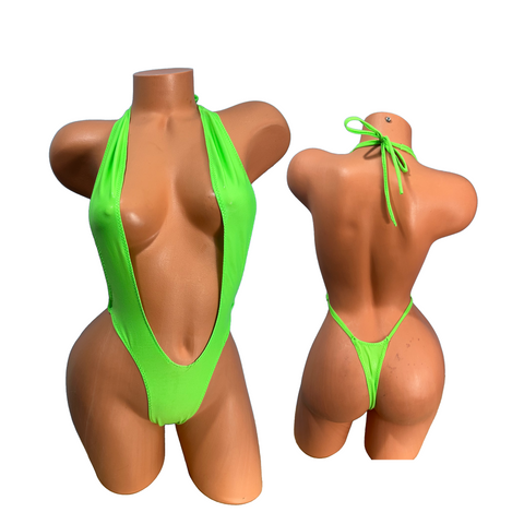 Neon Green wet look One Piece thong slingshot bikini