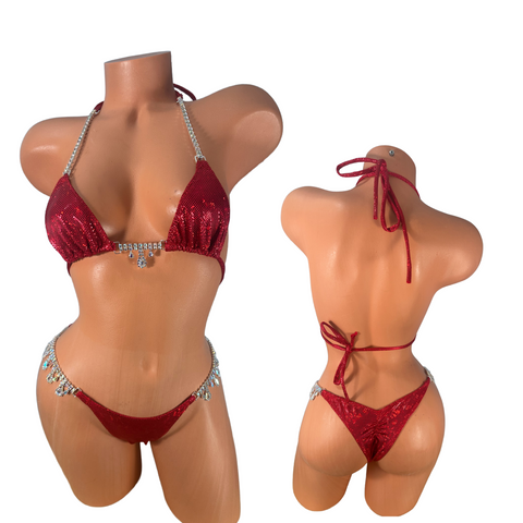 Metallic  Red Bikini with crystal Chandelier connectors