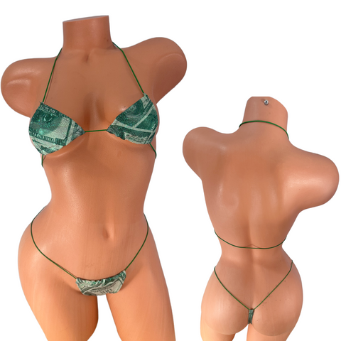 Money themed Green micro metallic  bikini