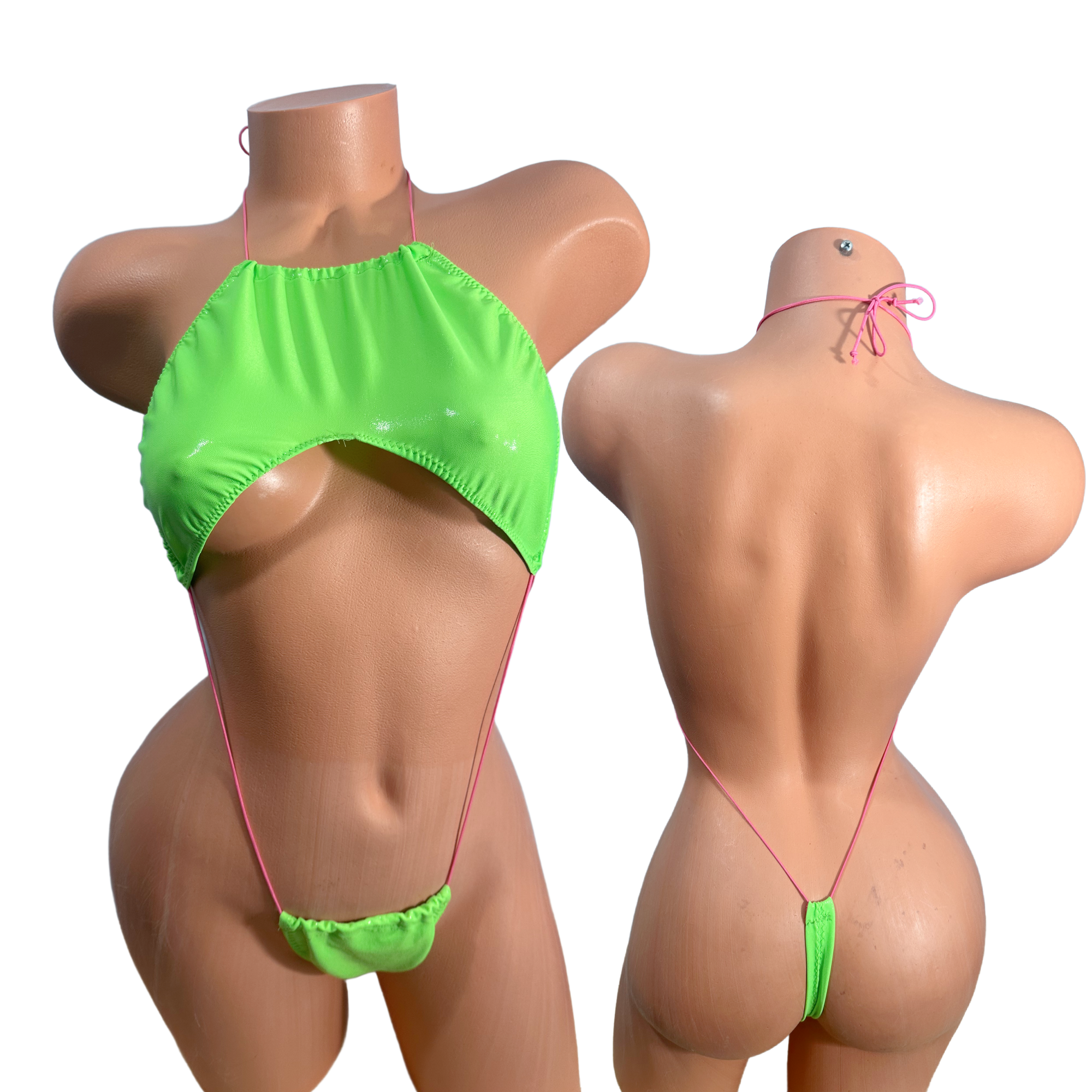 Halter Slingshot Neon Green wet look monokini pink string