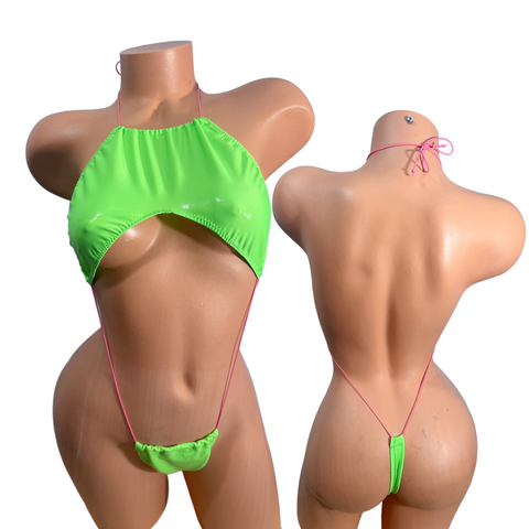 Halter Slingshot Neon Green wet look monokini pink string