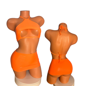 Two piece Halter Mini skirt set Wet look Neon Orange