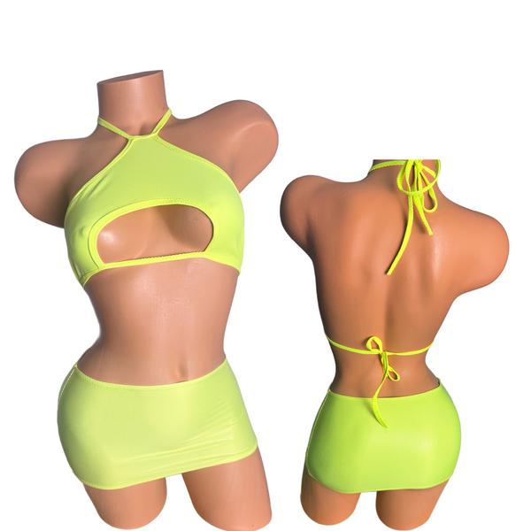 Two piece Halter Mini skirt set Wet look Neon Yellow