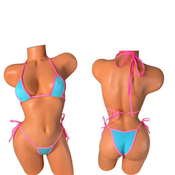 Marine Blue Pink trim micro string bikini