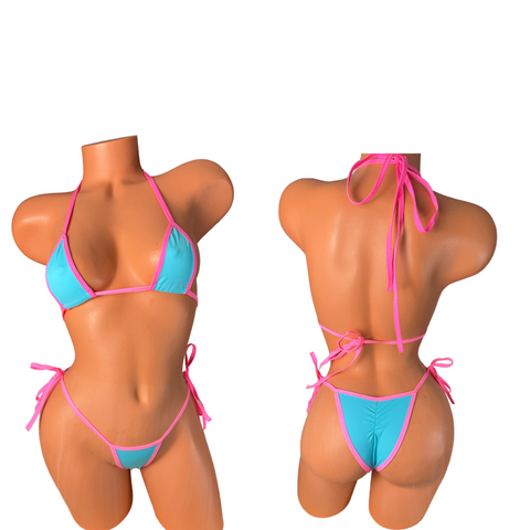 Marine Blue Pink trim micro string bikini