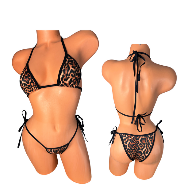 Leopard print black trim micro string bikini