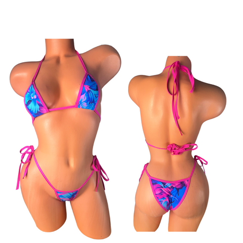 Blue floral hot pink trim  Micro String Bikini