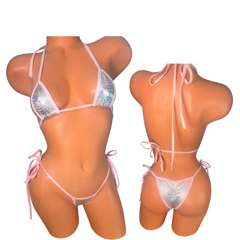 Metallic snake print  pink trim Micro String Bikini