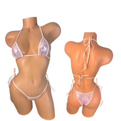 Pale Pink metallic pink trim Micro String cheeky Bikini