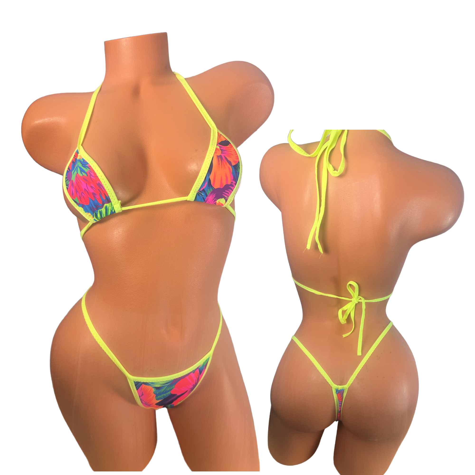 Multicolor Floral neon yellow trim wide front thong bikini