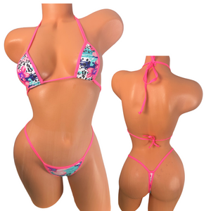 White floral hot pink trim wide front thong bikini