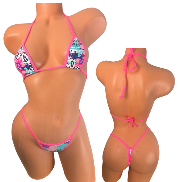 White floral hot pink trim wide front thong bikini