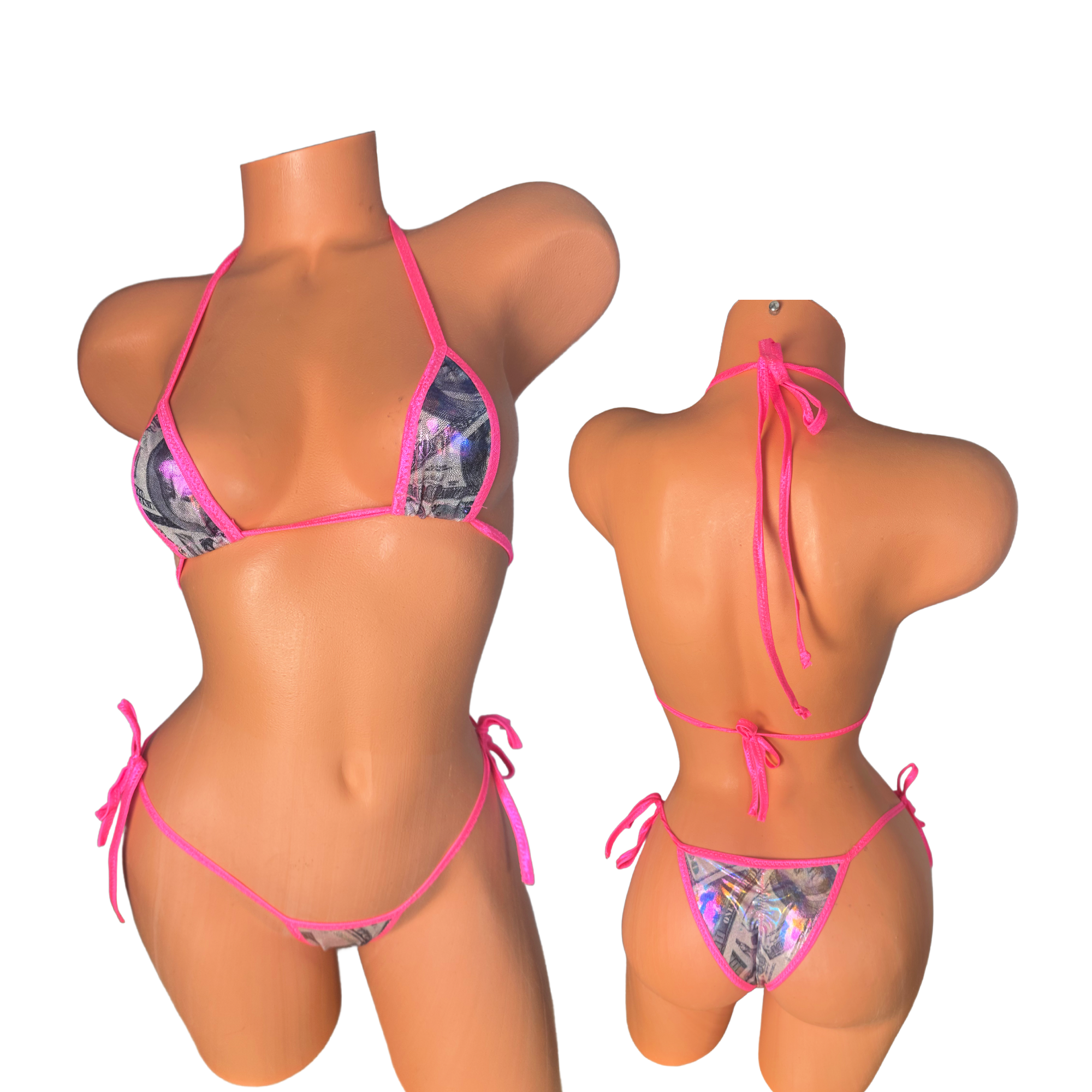 Holographic Money Print Hot Pink trim Micro Bikini