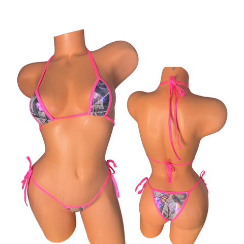 Holographic Money Print Hot Pink trim Micro Bikini