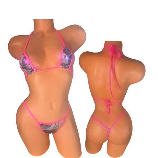 Silver metallic money print thong bikini hot pink trim