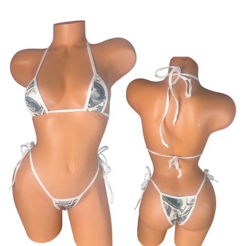 White Money Print white trim Micro Bikini