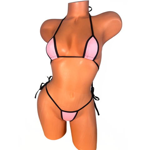 Pink and black trim Scrunch bottom micro string bikini