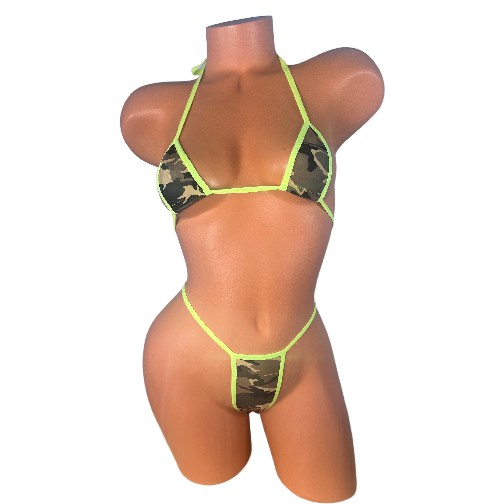 Olive Camouflage Neon Yellow Trim Thong Bikini