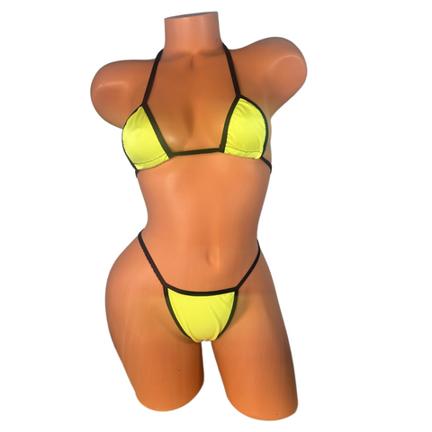Yellow Black Trim Wide Front Thong Bikini