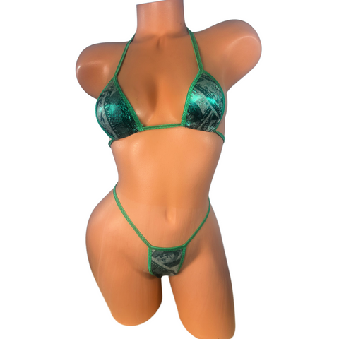 Green Money Themed Metallic Thong Bikini