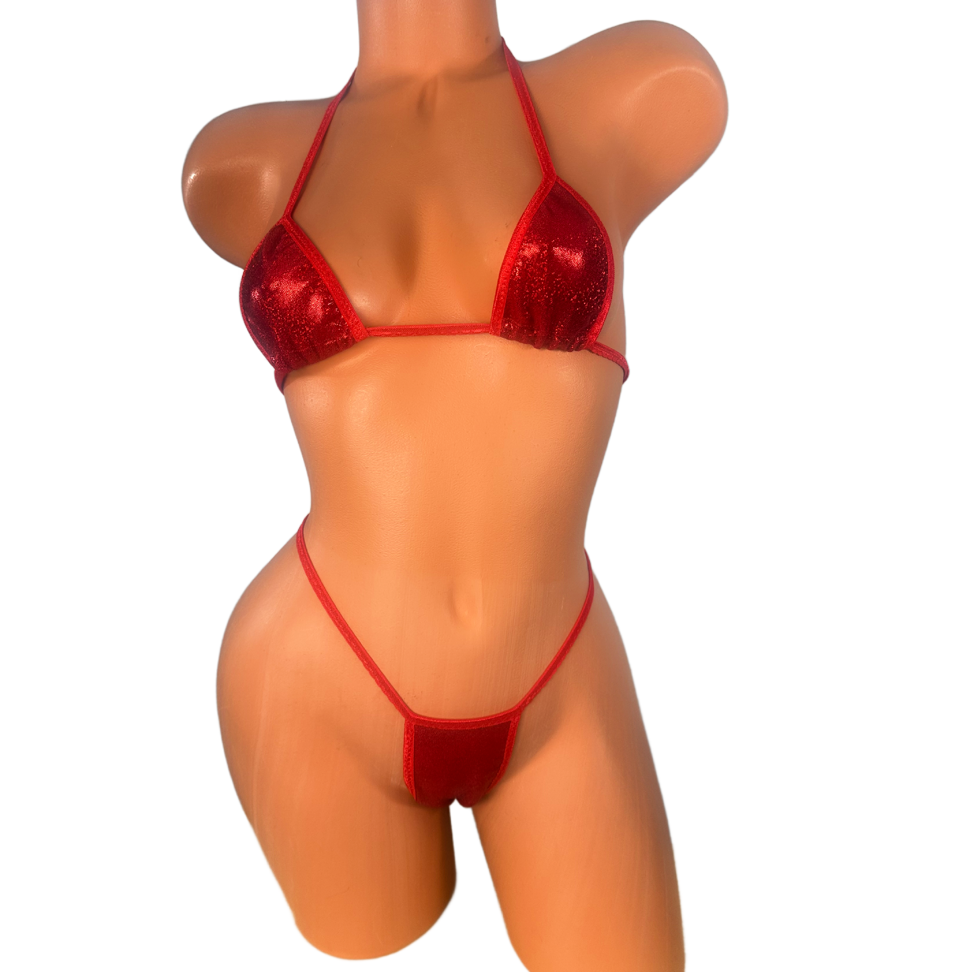 Metallic Red Sparkle Red Trim Thong Bikini