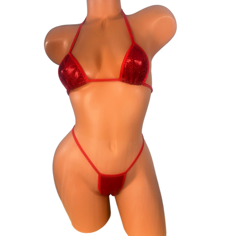 Metallic Red Sparkle Red Trim Thong Bikini