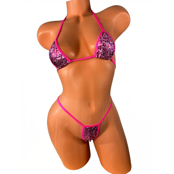 Pink Metallic Cheetah Thong Bikini