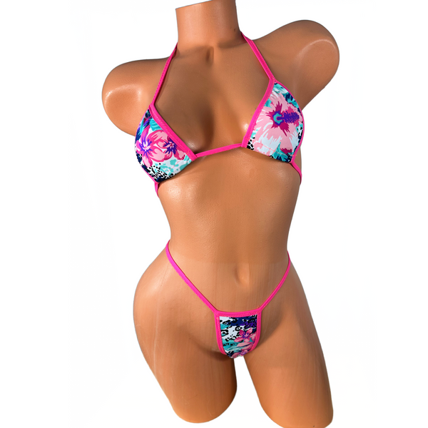 White Pink Floral Hot Pink Trim Thong Bikini