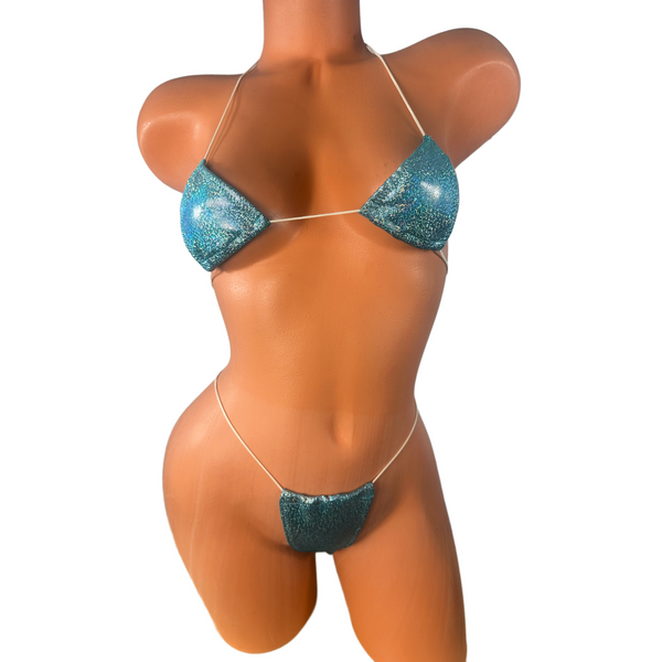 Silver Holographic on Turquoise elastic string bikini