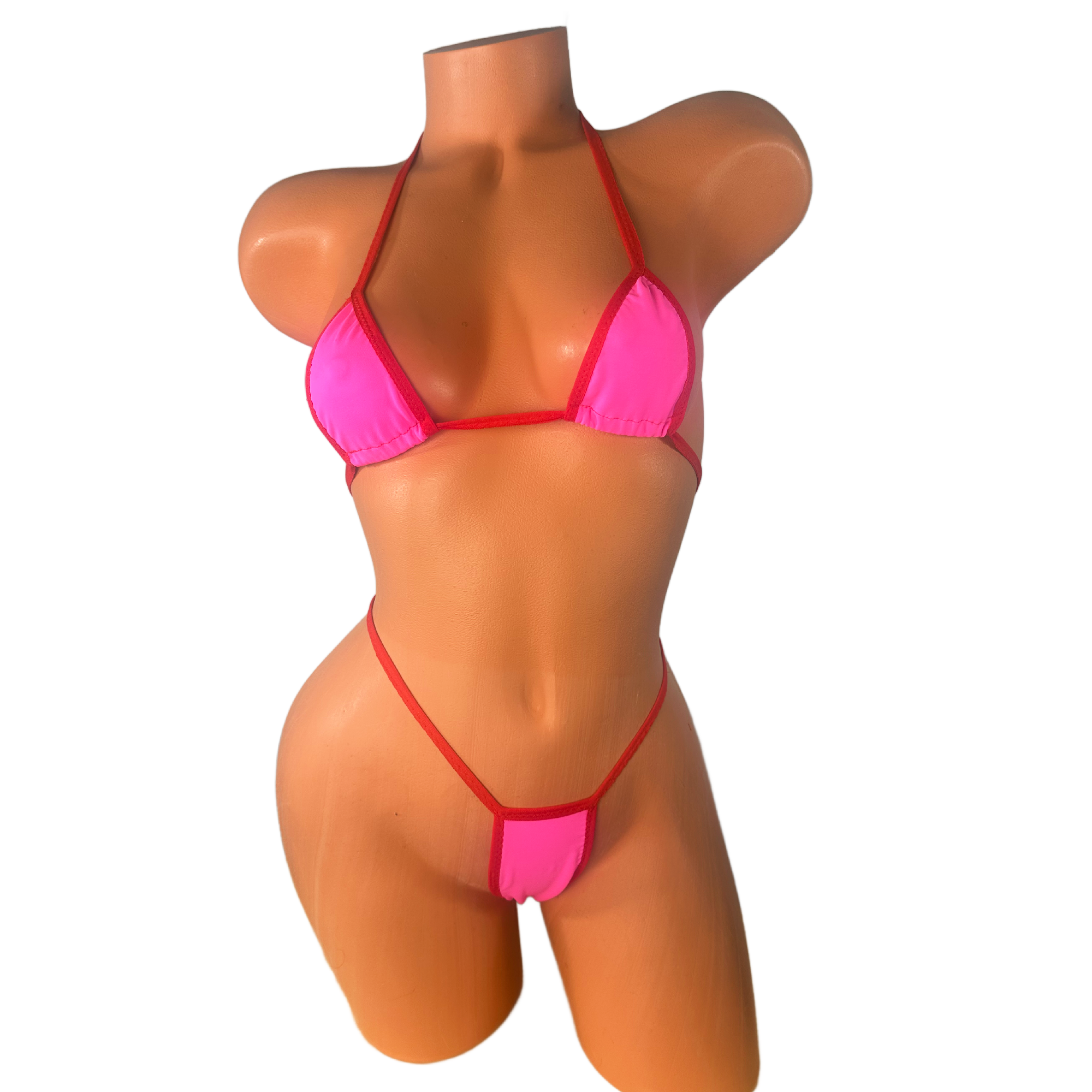 Hot Pink Red Trim Thong Bikini