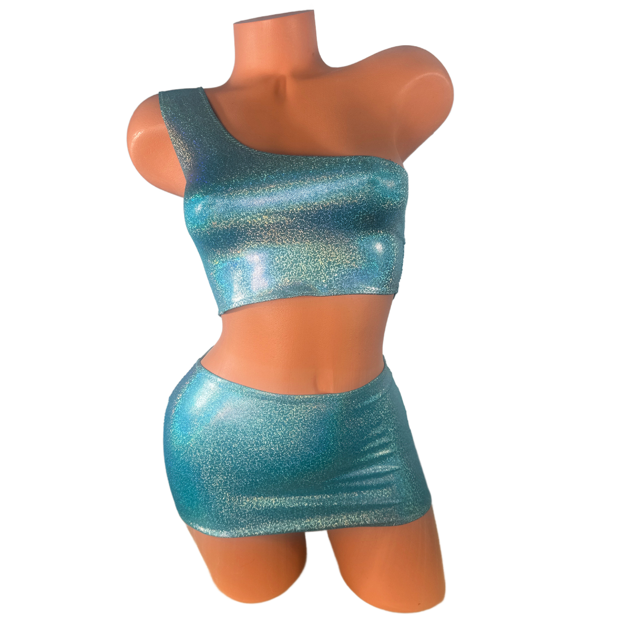 One Shoulder Silver on Turquoise micro skirt set