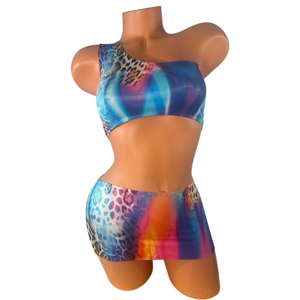 One Shoulder Silver on Rainbow Animal Print Micro Skirt Set
