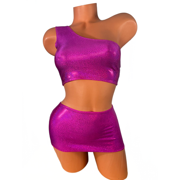 One Shoulder Fuchsia Metallic Micro Skirt Set