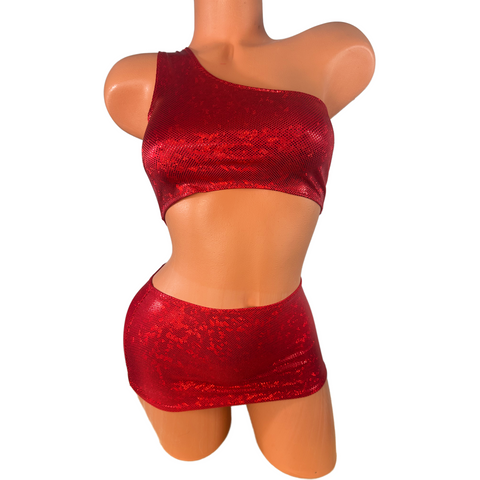One Shoulder Red Shatterglass Micro Skirt Set