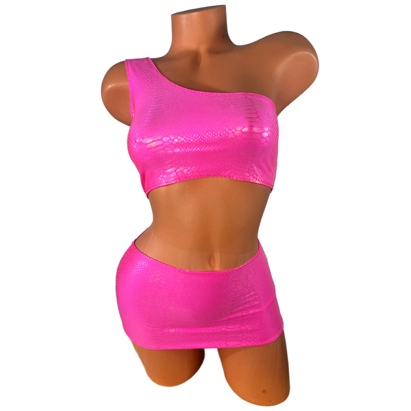 One Shoulder Neon Hot Pink Snake Print Micro Skirt Set