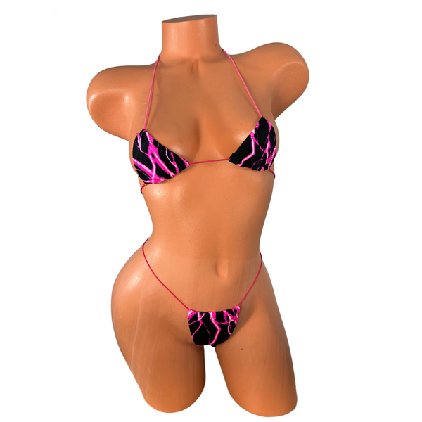 Neon Pink Lightning Print Mini Bikini