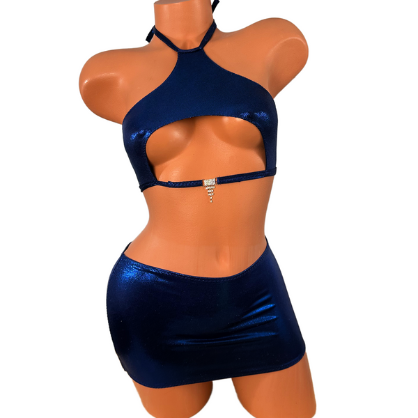 Two piece Halter Mini skirt set Blue Metallic Crystal Detail