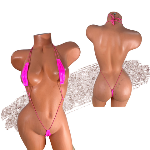 Patent Leather Neon Hot Pink Slingshot Bikini