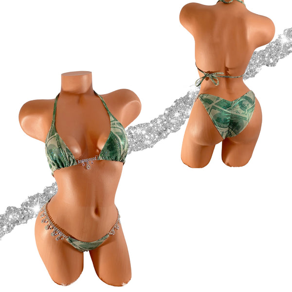 Money Green money print  bikini  with crystal Chandelier connectors