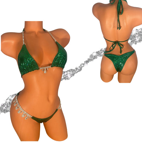 Green metallic bikini with crystal Chandelier connectors