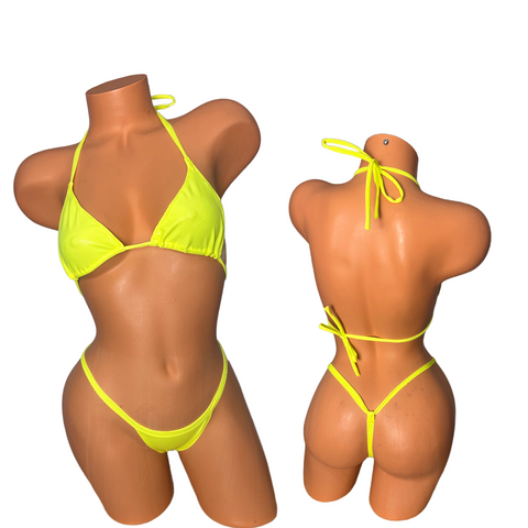 Neon Yellow wet look wide front thong bikini