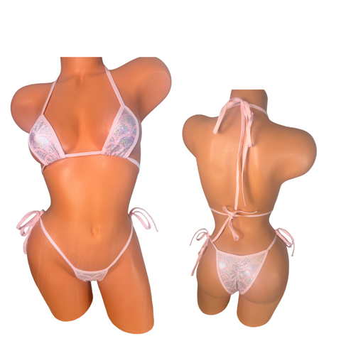 Metallic Mermaid fish scale pink trim Micro String Bikini