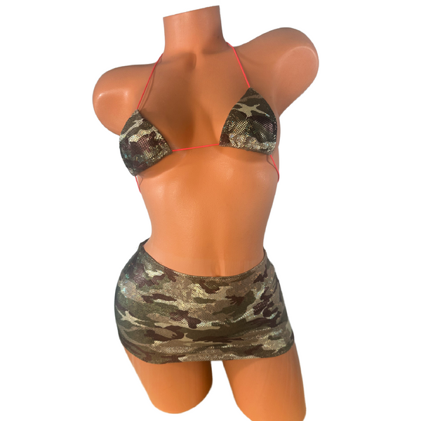 Metallic Olive Green Camouflage Mini Bikini