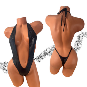 One Piece Thong Slingshot Wet Look Holographic Black