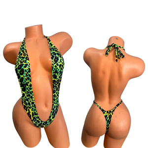 Neon green Cheetah Print One Piece thong slingshot bikini