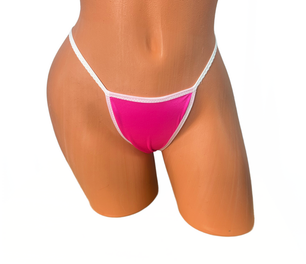Hot Pink white trim wide front thong bikini